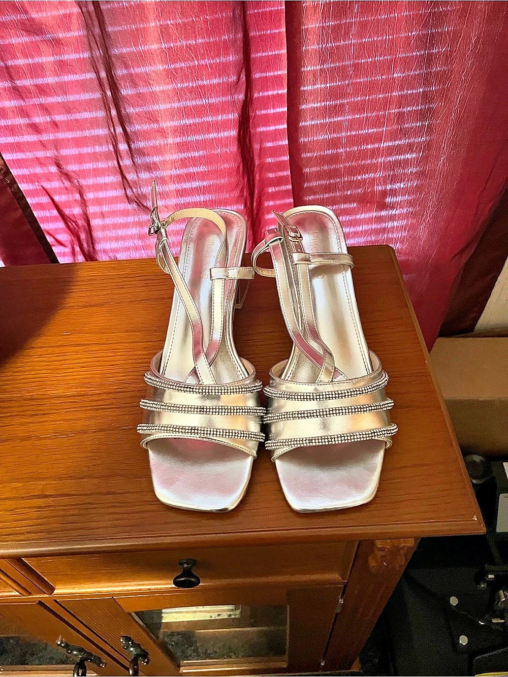 Pmoiste Chunky Heel Rhinestone Strappy Sandals Silver Rhinestone Heels Like New